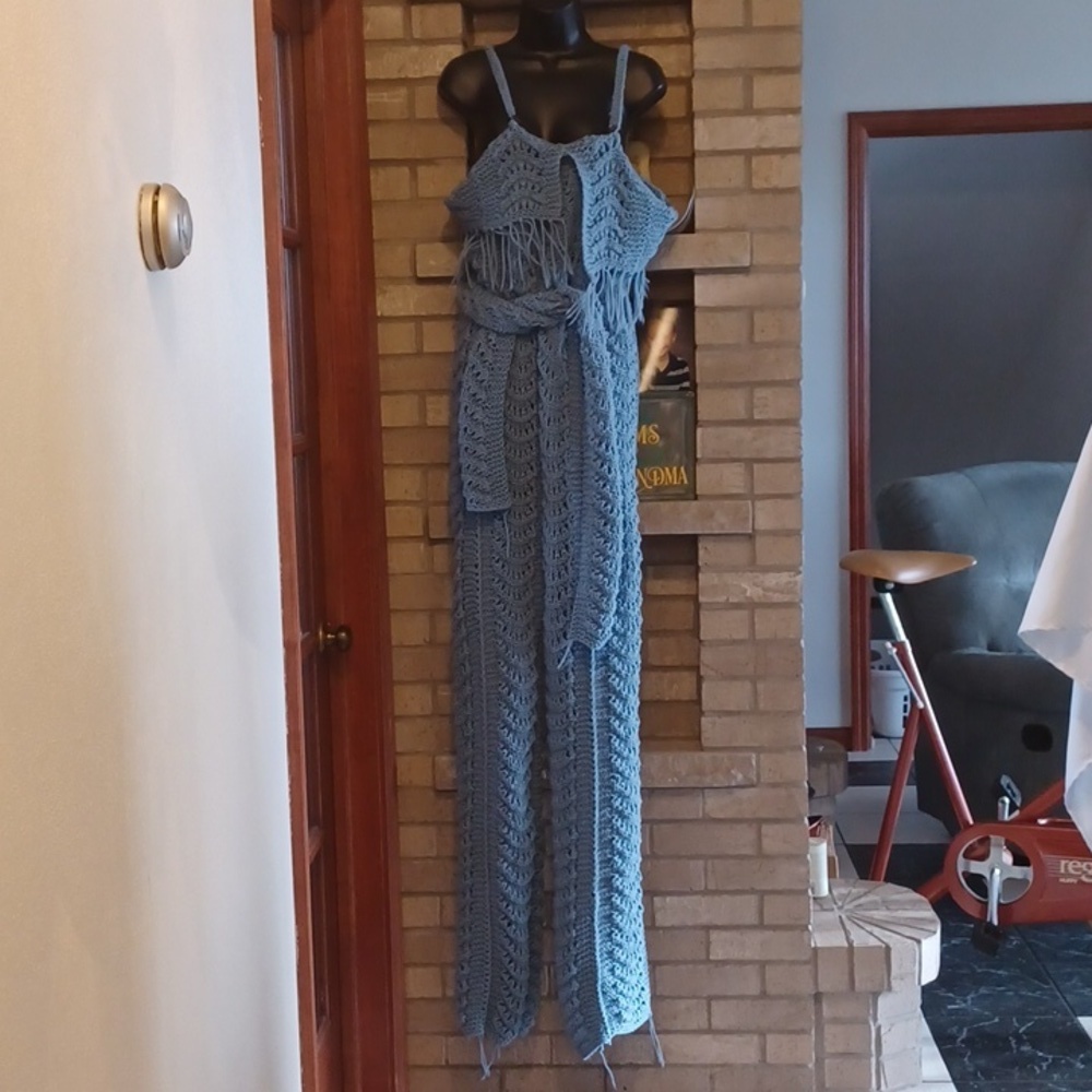 vintage hand-crocheted jumpsuit, blue, one of a kind, sz medium, handmade